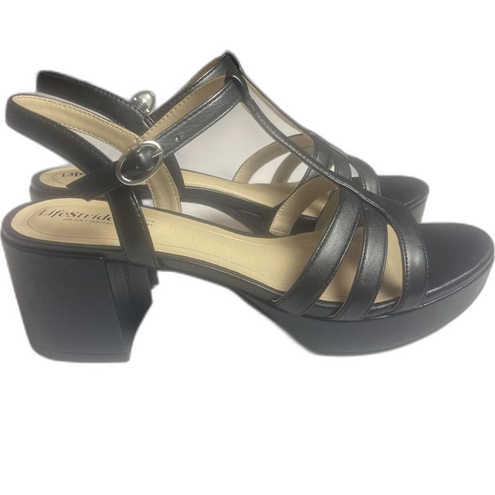 LifeStride Black Platform Open Toe Sandals Block Heel Classic Minimalist Sz 8.5